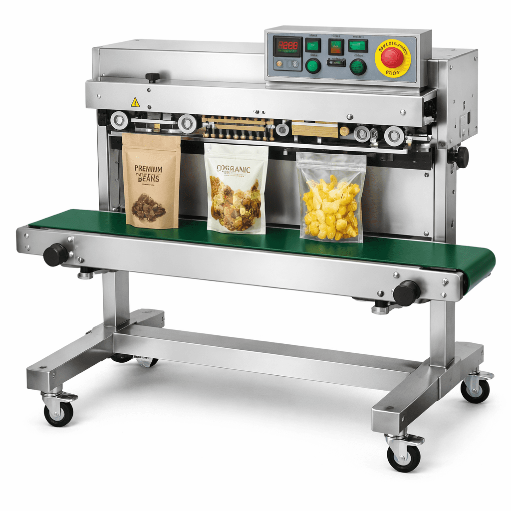 Continuous band sealing machines for pouch and plastic bag sealing